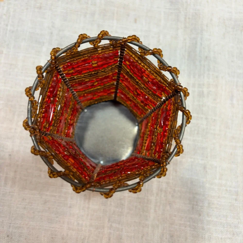 PartyLite Beaded Votive Candle Holder Red Amber Bronze Wire Footed Boho Decor - Picture 5 of 7